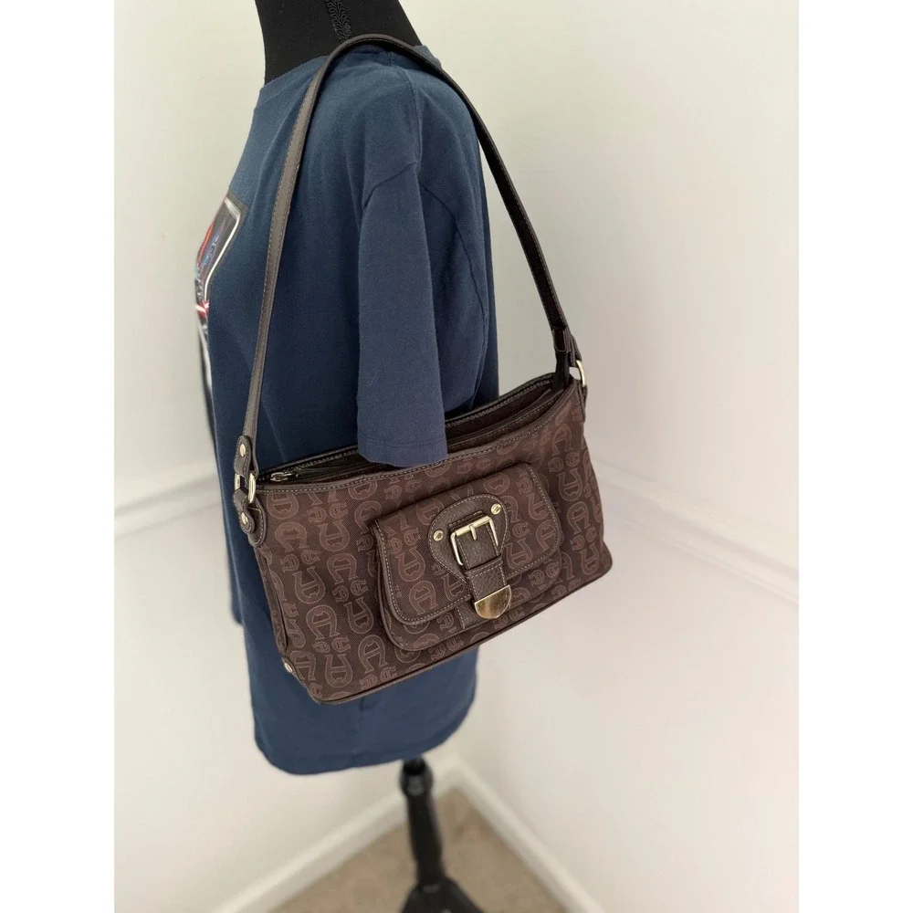 Vintage Y2K Etienne Aigner Monogram Hobo Bag Buckle Shoulder Bag Brown